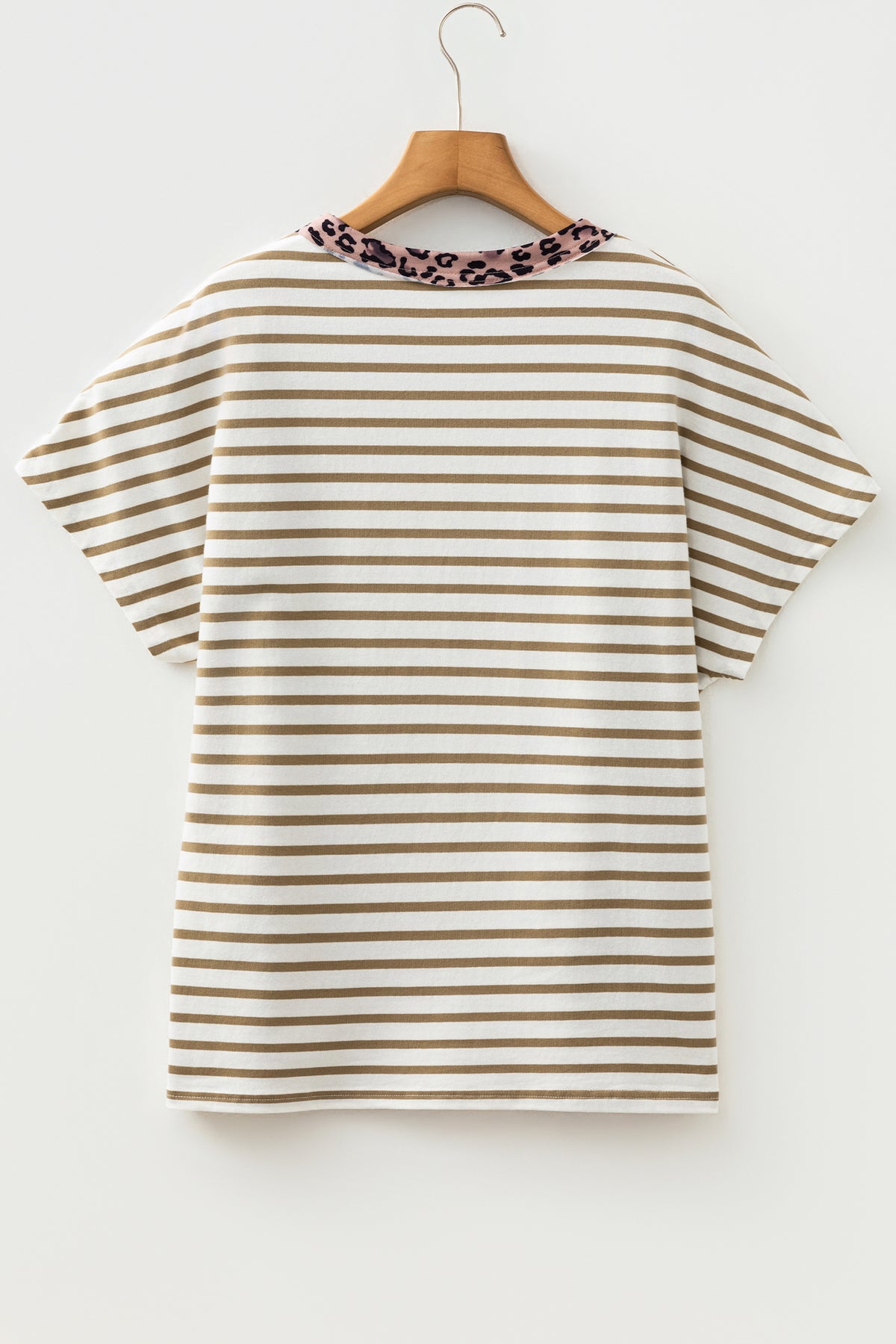 Khaki Stripe Leopard Patchwork Round Neck Loose T Shirt