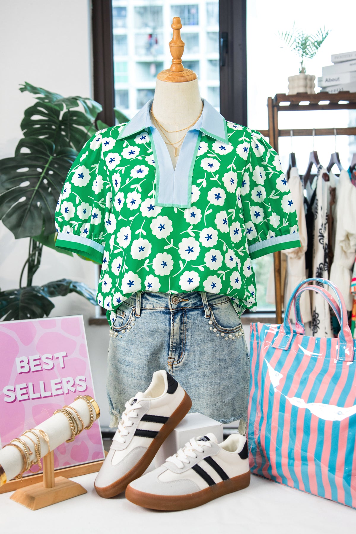 Green Flower Printed Contrast Patchwork Collar Short Sleeve Blouse