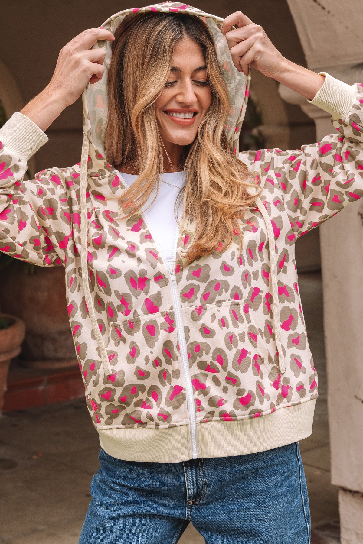 Rose Leopard Print Zip-up Hooded Sweatshirt