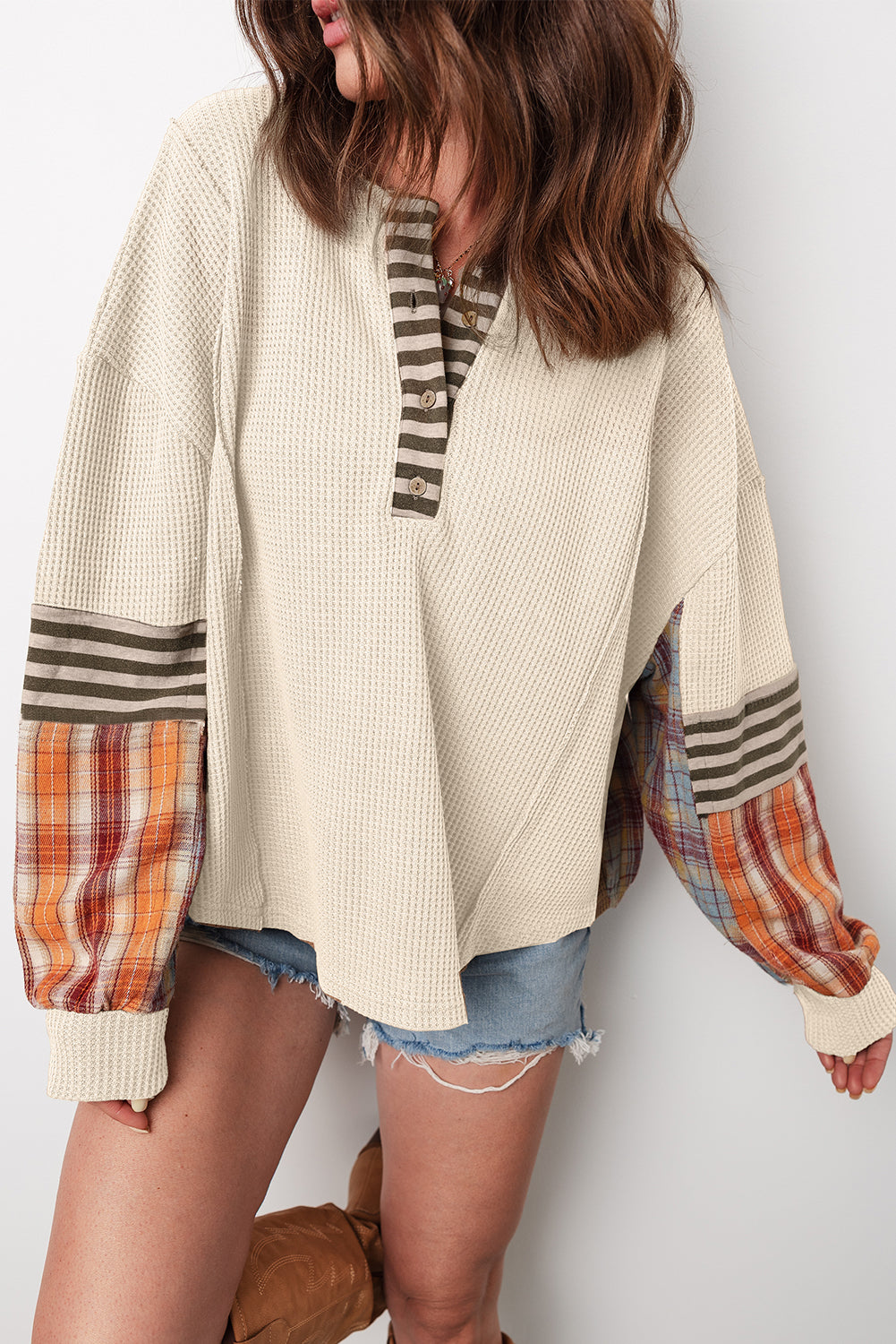 Straw Yellow Waffle Stripe Plaid Patchwork Henley Knit Top