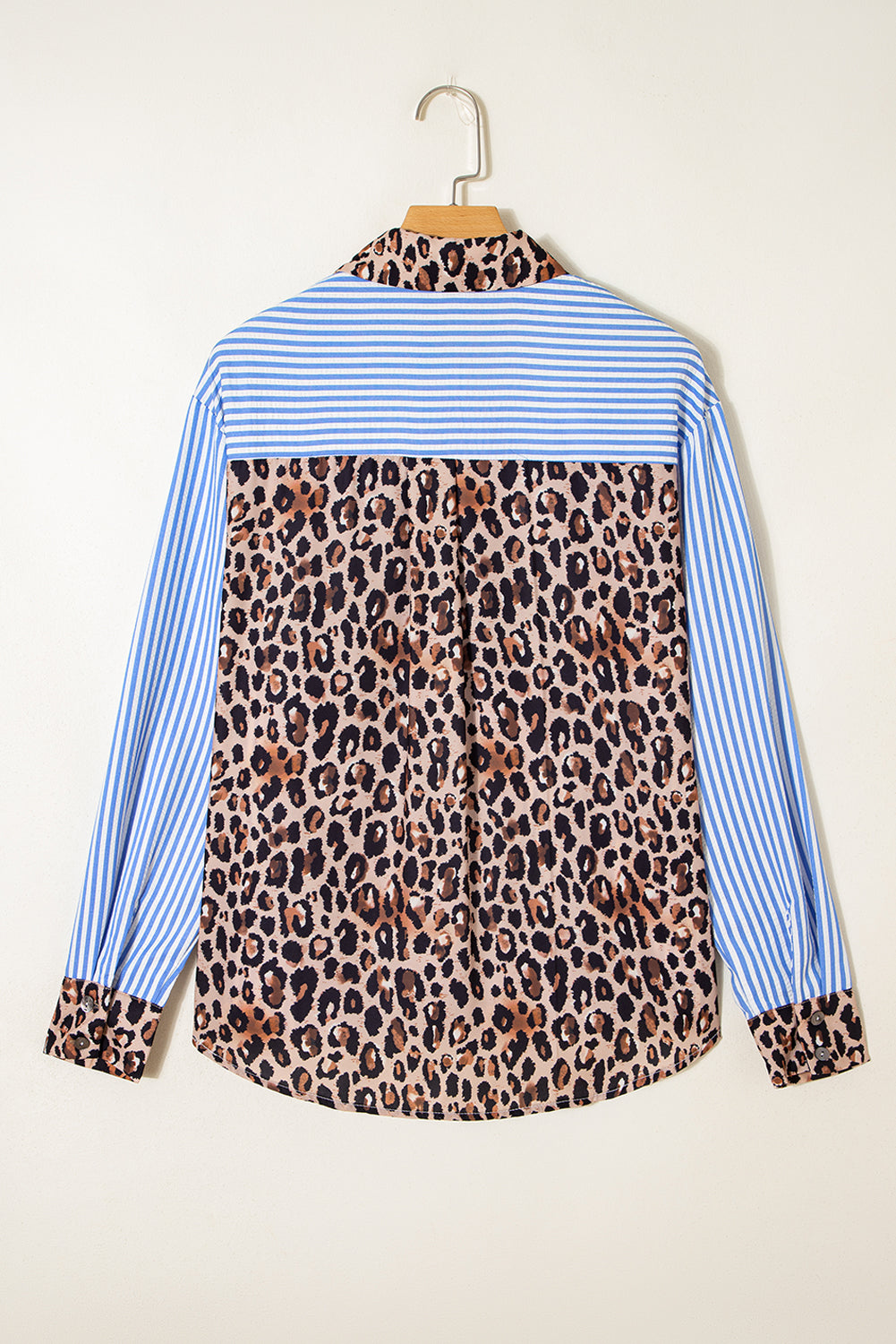 Sky Blue Striped Leopard Print Patchwork Button Up Womens Shirt