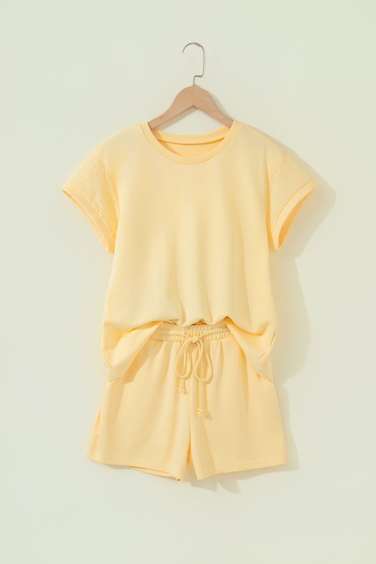 Yellow Eyelet Lace Patchwork Sleeve Short 2pcs Outfit