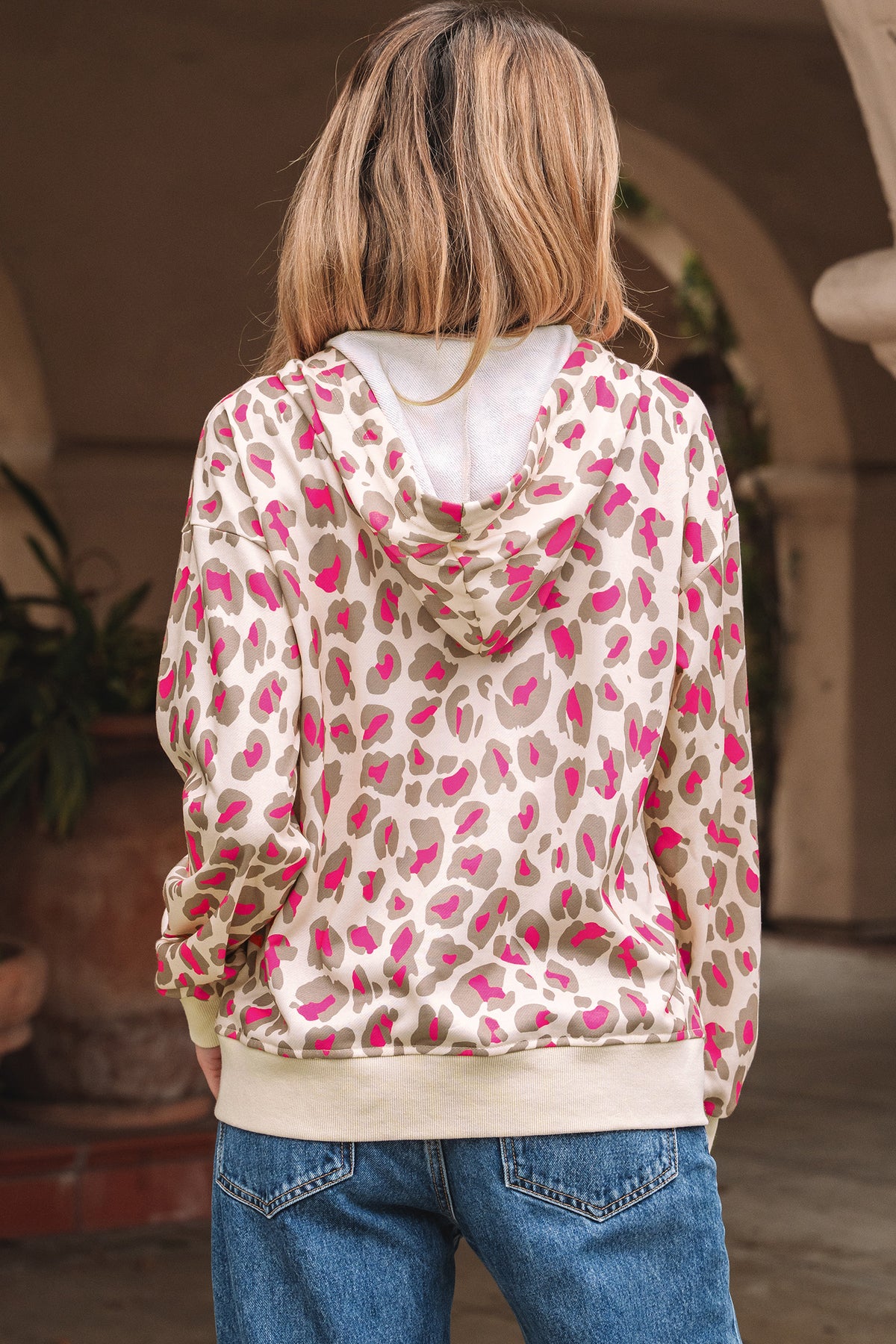 Rose Leopard Print Zip-up Hooded Sweatshirt