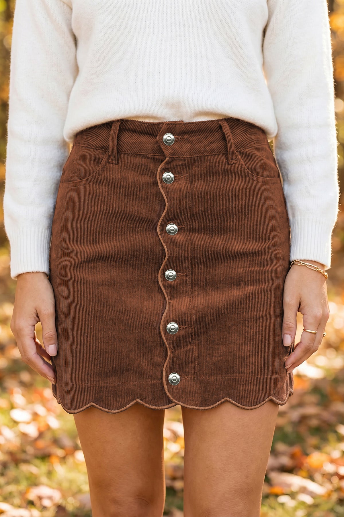 Jupe femme boutonnée, poches, mini — café