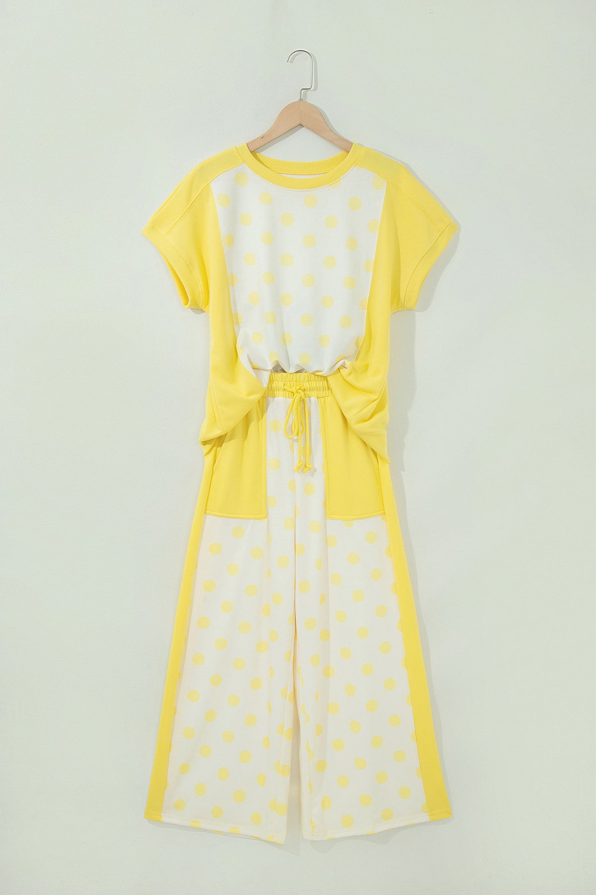 Green Color Block Patchwork Polka Dot Wide Leg Pant Set