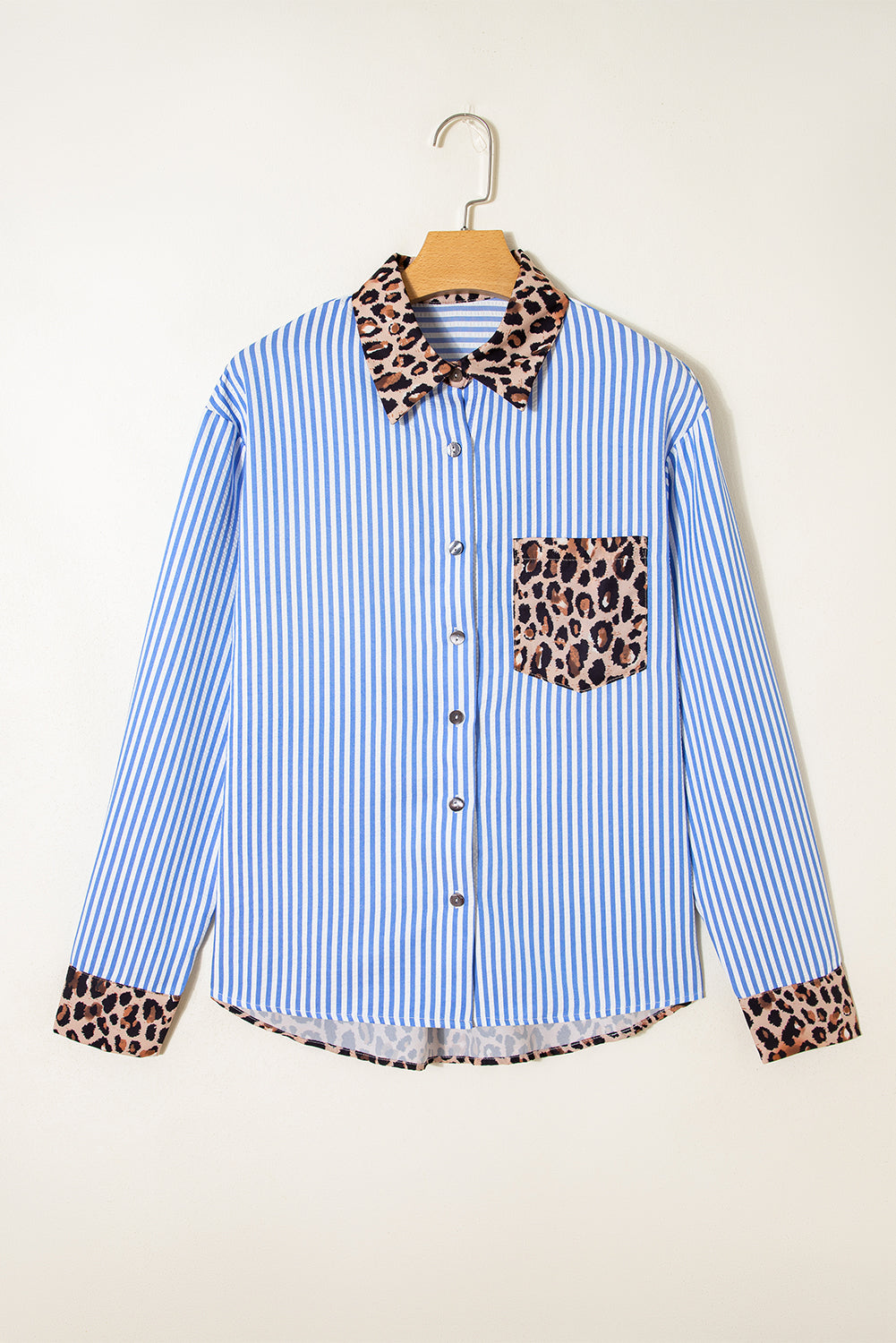 Sky Blue Striped Leopard Print Patchwork Button Up Womens Shirt