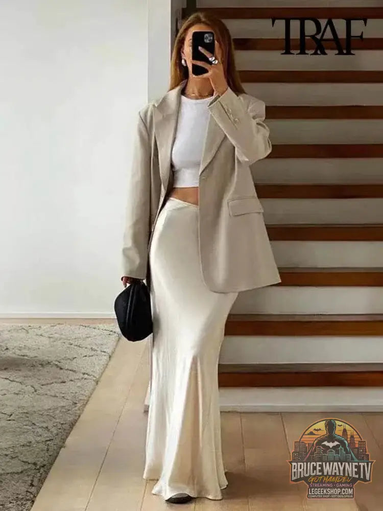 Jupe Mi-Longue Satin Fluide pour Femme, Taille Haute, Ceinture Élastique | ASDS | Wayne Outfitters - Legeekshop