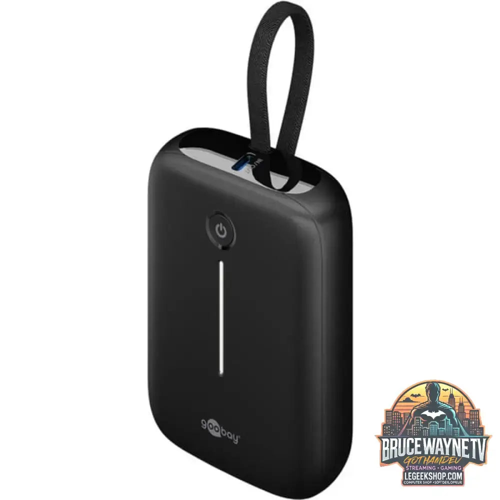 goobay Powerbank 10.000 mAh, integriertes USB-C Kabel 13cm, 20 Watt schwarz, 10 Ah, 1x USB-A, 2x USB-C, PD, QC - Stromquelle: USB-C