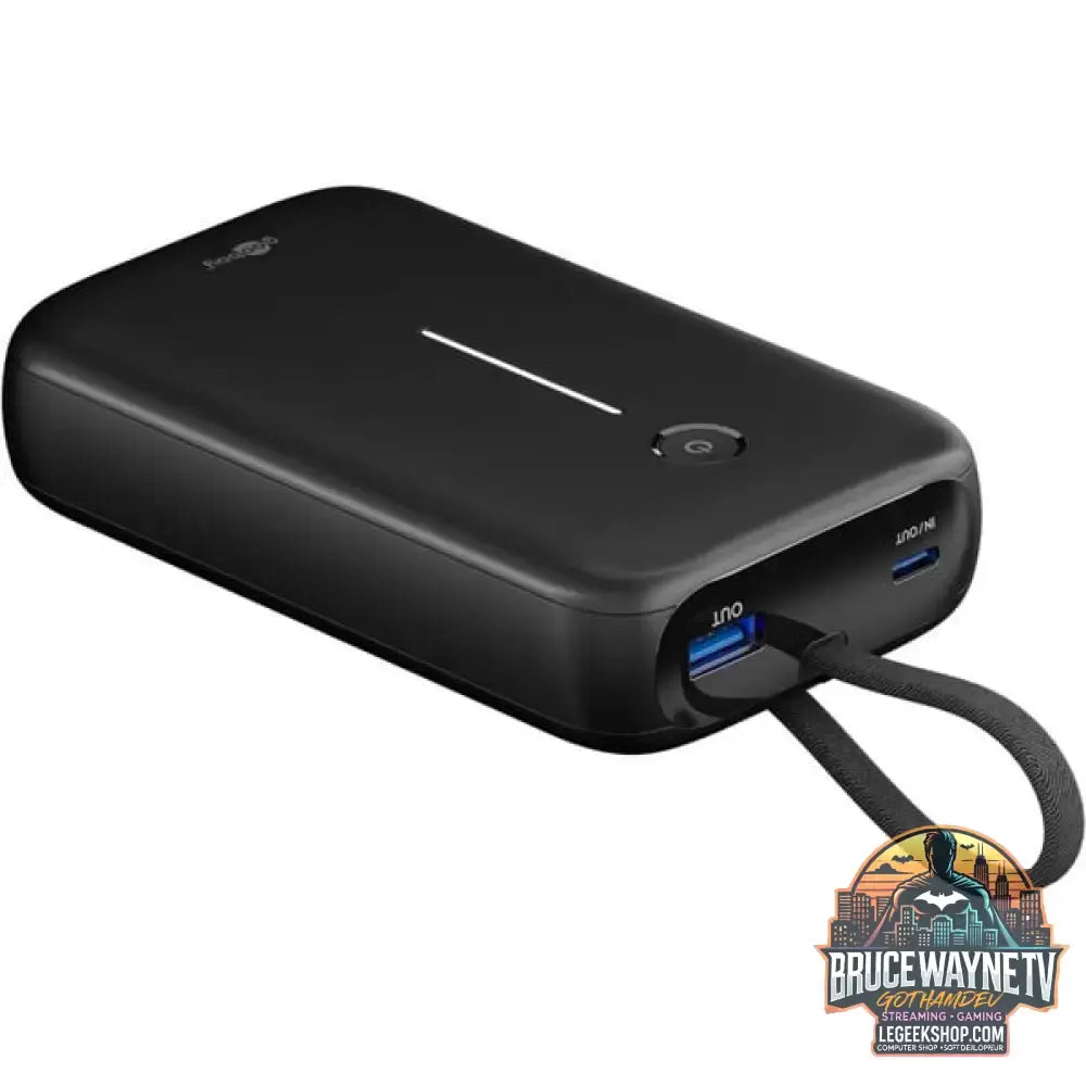 goobay Powerbank 20.000 mAh, integriertes USB-C Kabel 13cm, 30 Watt schwarz, 20 Ah, 1x USB-A, 2x USB-C, PD, QC - Stromquelle: USB-C - vue 3
