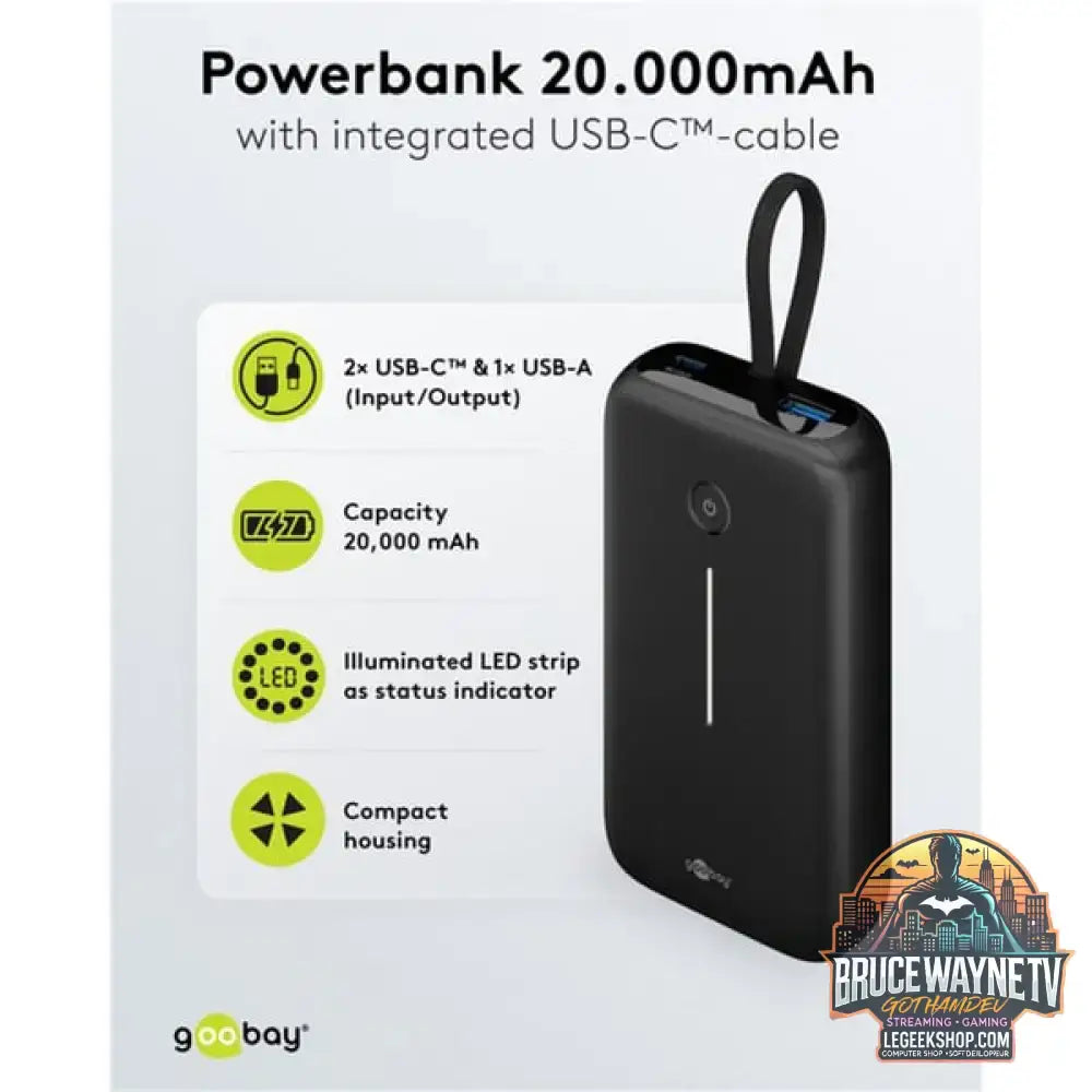 goobay Powerbank 20.000 mAh, integriertes USB-C Kabel 13cm, 30 Watt schwarz, 20 Ah, 1x USB-A, 2x USB-C, PD, QC - Stromquelle: USB-C - vue 7