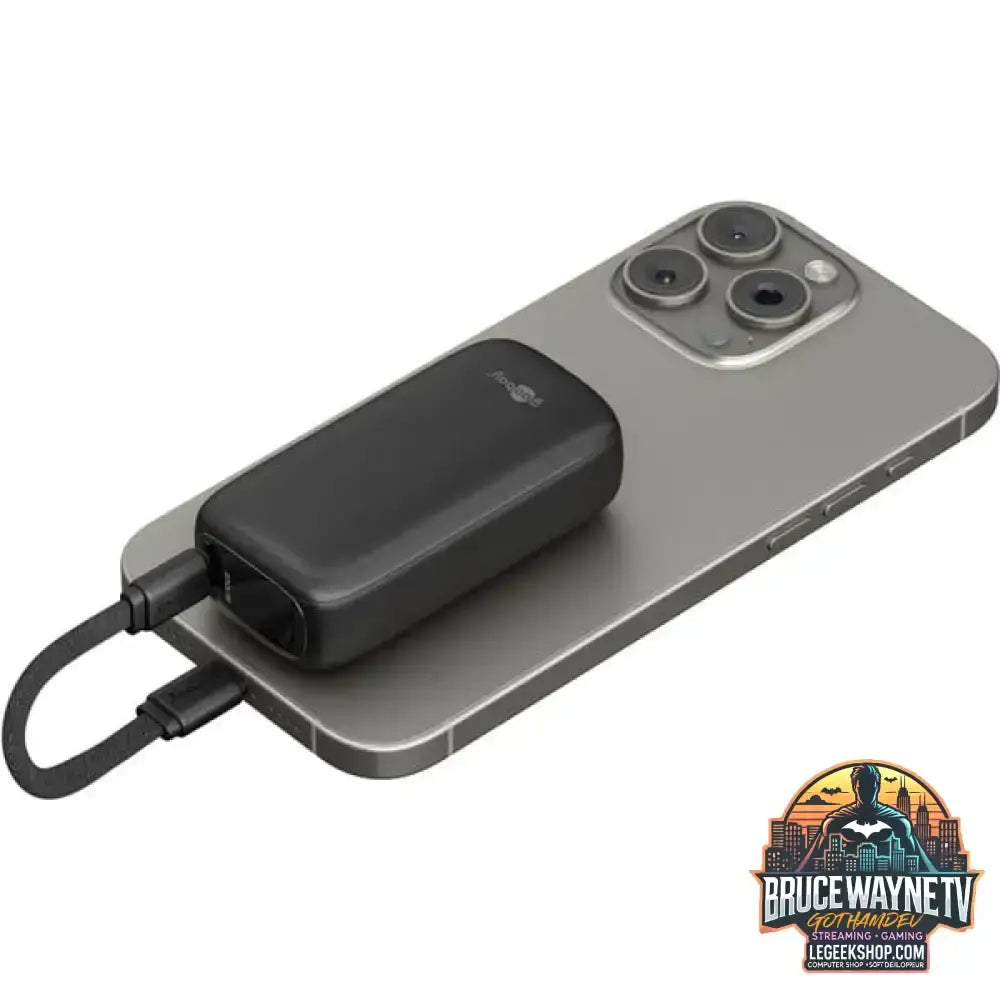 goobay Powerbank 5.000 mAh, integriertes USB-C Kabel 13cm, 20 Watt schwarz, 5 Ah, 1x USB-A, 1x USB-C, PD, QC - Stromquelle: USB-C - vue 4