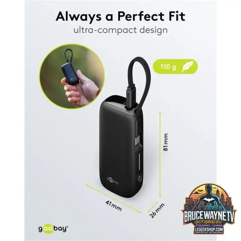 goobay Powerbank 5.000 mAh, integriertes USB-C Kabel 13cm, 20 Watt schwarz, 5 Ah, 1x USB-A, 1x USB-C, PD, QC - Stromquelle: USB-C - vue 7