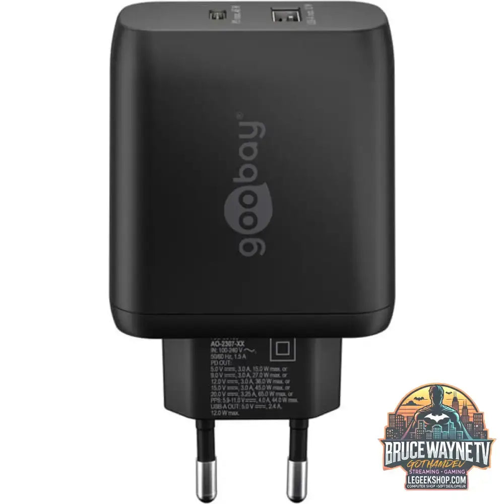 goobay USB-C Dual-Schnellladegerät, PD, GaN, 65 Watt schwarz, 1x USB-C, 1x USB-A, Power Delivery - goobay - vue 2