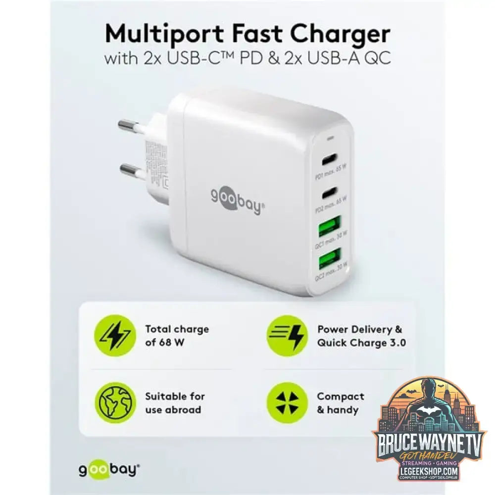 goobay USB-C Multiport-Schnellladegerät, PD, GaN, 68 Watt weiß, 2x USB-C, 2x USB-A, Power Delivery, QuickCharge - goobay - vue 8