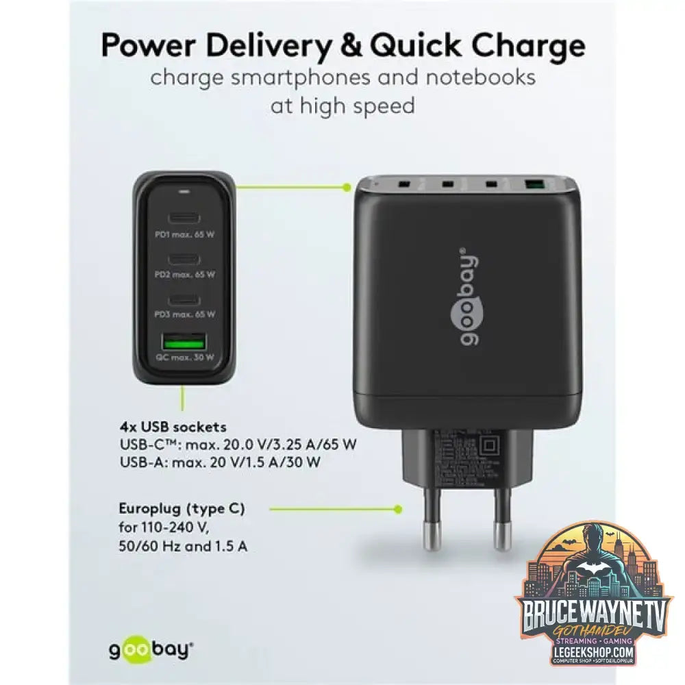goobay USB-C Multiport-Schnellladegerät, PD, GaN, 68 Watt schwarz, 3x USB-C, 1x USB-A, Power Delivery, QuickCharge - goobay - vue 9