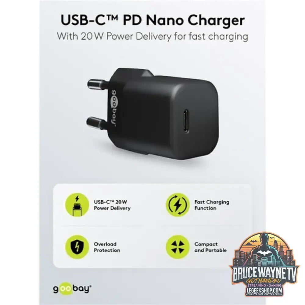 goobay USB-C Schnellladegerät Nano, PD, GaN, 20 Watt schwarz, 1x USB-C, Power Delivery 3.0 - goobay - vue 3