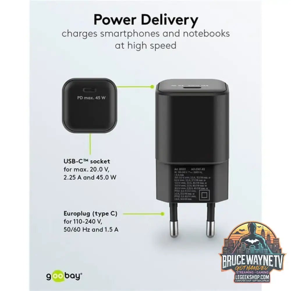 goobay USB-C Schnellladegerät Nano, PD, GaN, 45 Watt schwarz, 1x USB-C, Power Delivery 3.0 - goobay - vue 10