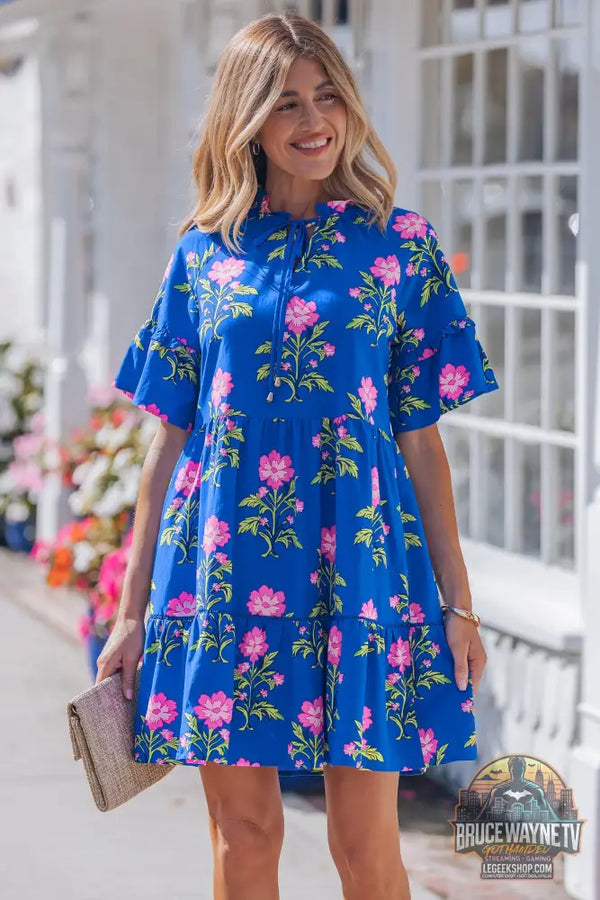 Robe à fleurs ample bleue à col en V et manches courtes - Blue / S / 55% Cotton + 45% Viscose - Dresses/Floral Dresses