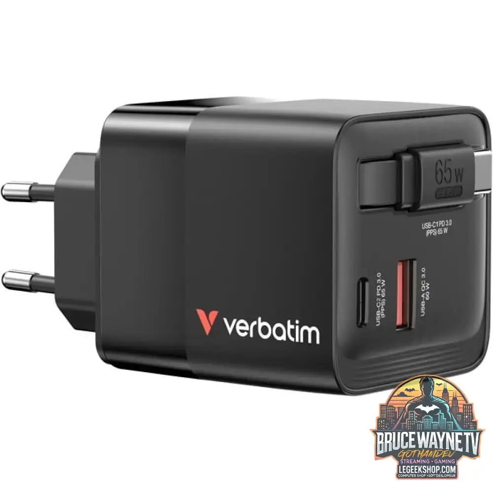 Verbatim GaN-Ladegerät 65W, 1x USB-A, 2x USB-C, ausziehbares Kabel schwarz, PD 3.0, QC 3.0 - Stromquelle: Steckdose
