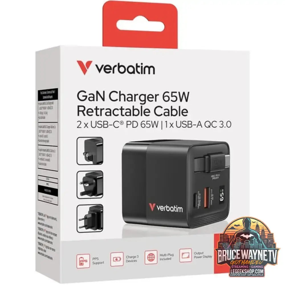 Verbatim GaN-Ladegerät 65W, 1x USB-A, 2x USB-C, ausziehbares Kabel schwarz, PD 3.0, QC 3.0 - Stromquelle: Steckdose - vue 4