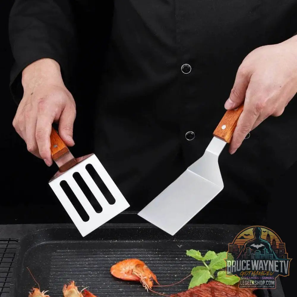🍳 Spatule Professionnelle Inox & Bois – Pour Steak, Crêpes & Teppanyaki - Legeekshop