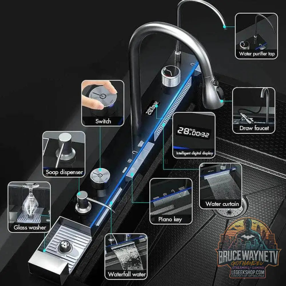 🚰 Évier cascade en acier inoxydable 304 – Affichage numérique & accessoires intégrés - Legeekshop
