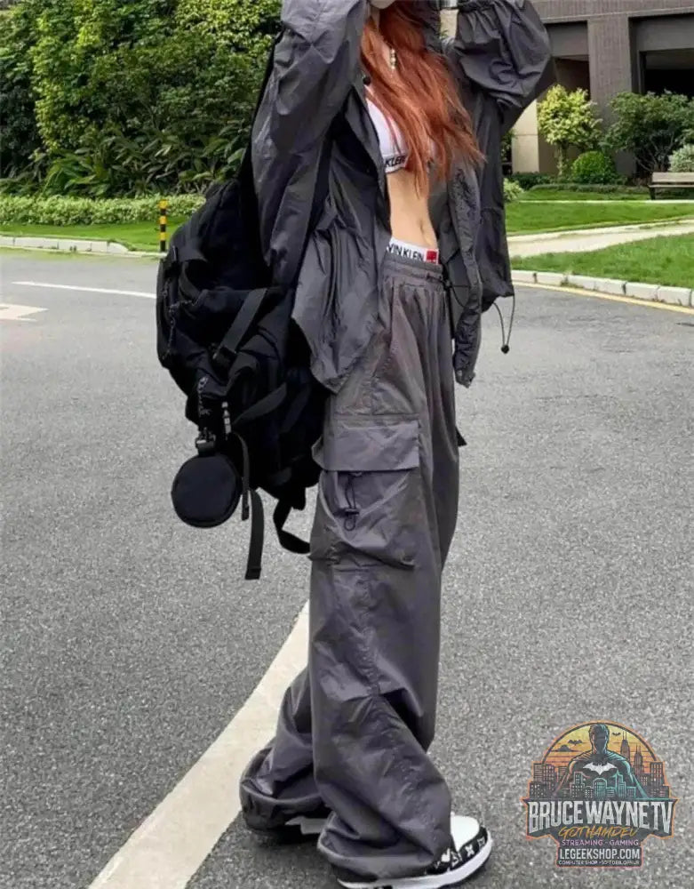Pantalon de survêtement baggy à jambes larges pour femmes, pantalon noir parachute Y2K, Streetwear Hiphelicopter, poches surdimensionnées, Cargo FjHarajuku | Wayne Outfitters - Legeekshop