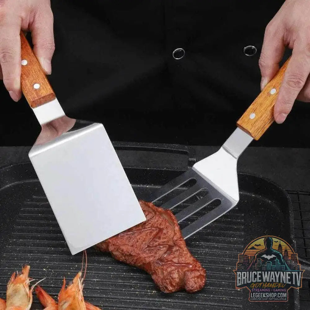 🍳 Spatule Professionnelle Inox & Bois – Pour Steak, Crêpes & Teppanyaki - Legeekshop