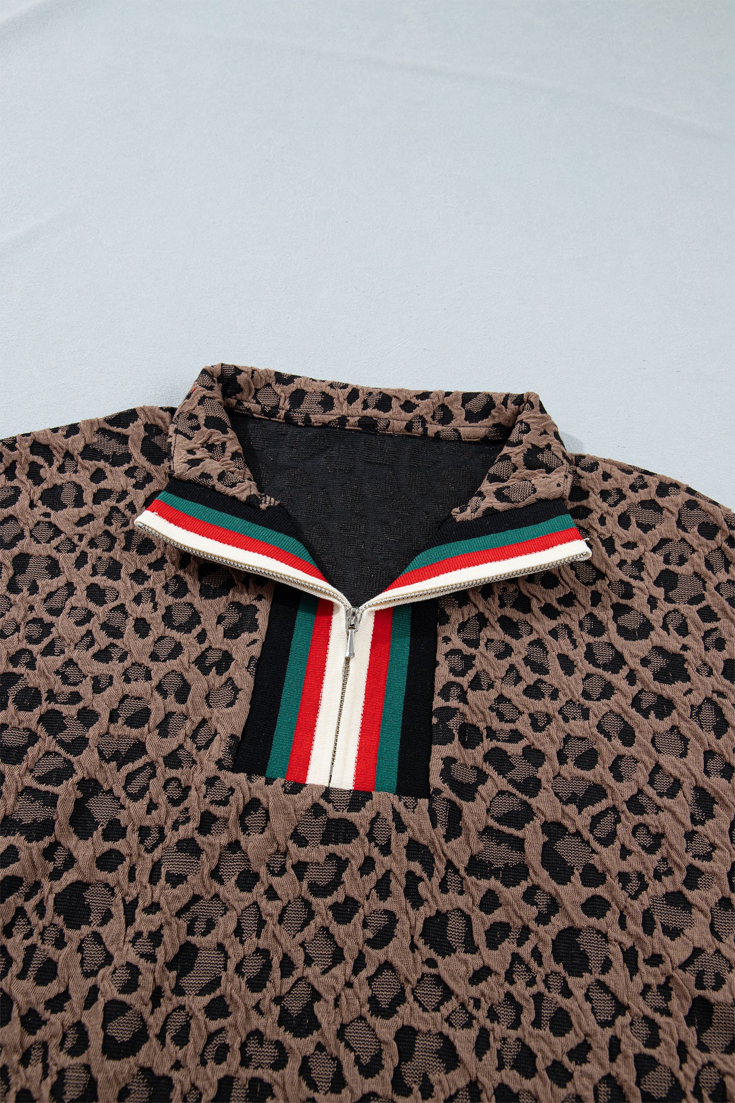 Brown Leopard Jacquard Striped Patchwork Half Zip Short Sleeve Blouse