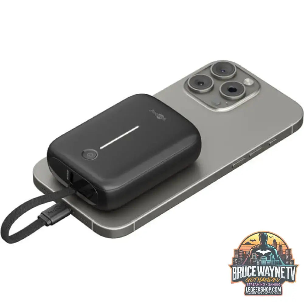 goobay Powerbank 10.000 mAh, integriertes USB-C Kabel 13cm, 20 Watt schwarz, 10 Ah, 1x USB-A, 2x USB-C, PD, QC - Stromquelle: USB-C - vue 4