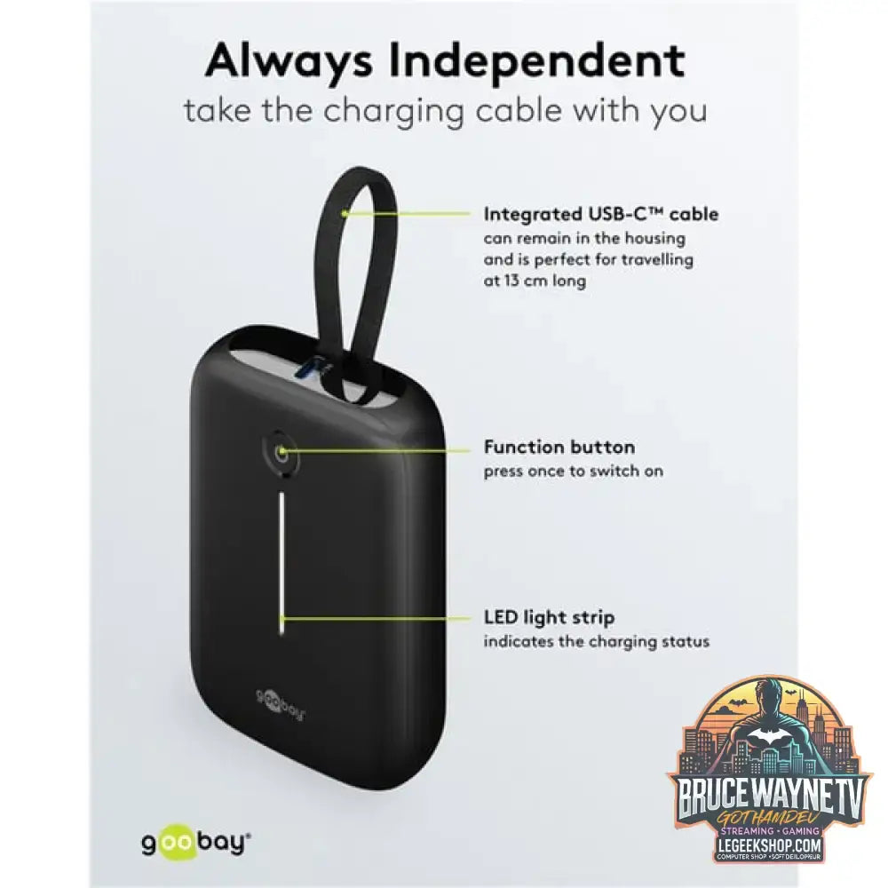 goobay Powerbank 10.000 mAh, integriertes USB-C Kabel 13cm, 20 Watt schwarz, 10 Ah, 1x USB-A, 2x USB-C, PD, QC - Stromquelle: USB-C - vue 10