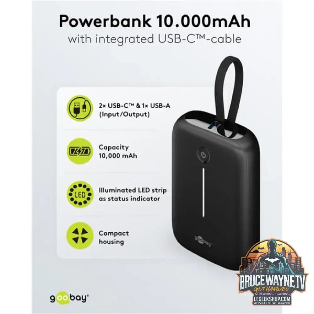 goobay Powerbank 10.000 mAh, integriertes USB-C Kabel 13cm, 20 Watt schwarz, 10 Ah, 1x USB-A, 2x USB-C, PD, QC - Stromquelle: USB-C - vue 9