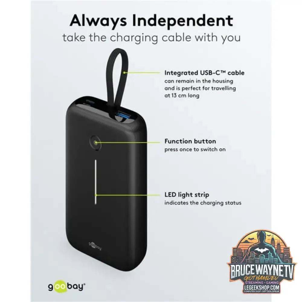 goobay Powerbank 20.000 mAh, integriertes USB-C Kabel 13cm, 30 Watt schwarz, 20 Ah, 1x USB-A, 2x USB-C, PD, QC - Stromquelle: USB-C - vue 9