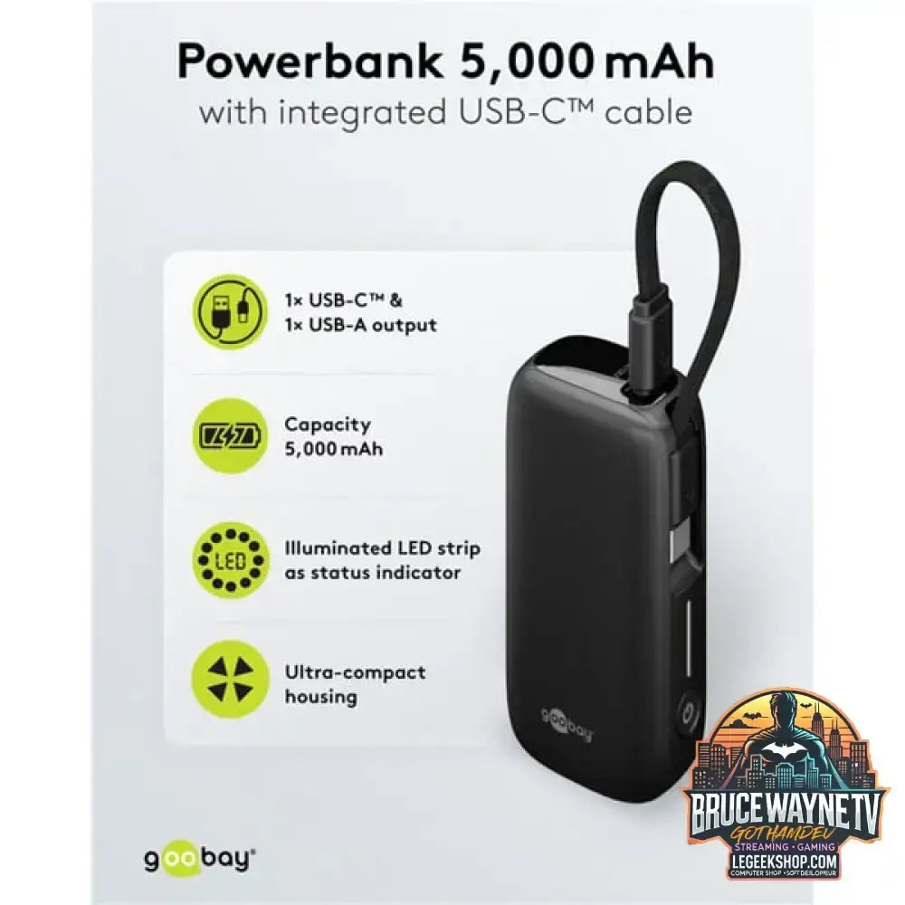 goobay Powerbank 5.000 mAh, integriertes USB-C Kabel 13cm, 20 Watt schwarz, 5 Ah, 1x USB-A, 1x USB-C, PD, QC - Stromquelle: USB-C - vue 9
