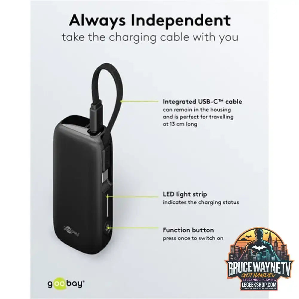 goobay Powerbank 5.000 mAh, integriertes USB-C Kabel 13cm, 20 Watt schwarz, 5 Ah, 1x USB-A, 1x USB-C, PD, QC - Stromquelle: USB-C - vue 10