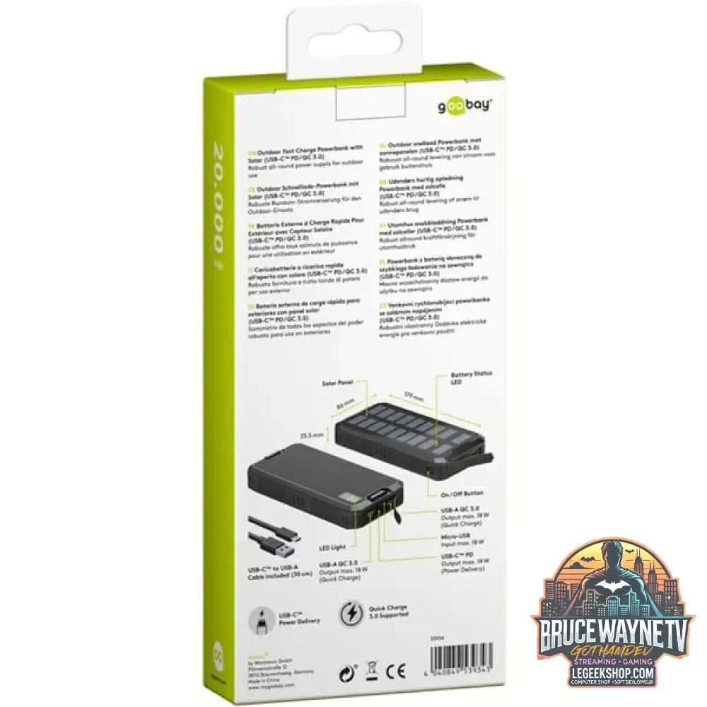 goobay Outdoor Schnelllade-Powerbank 20.000 mAh mit Solar schwarz, USB-C PD, QC 3.0 - Stromquelle: Solar, USB-C, Micro-USB - vue 8