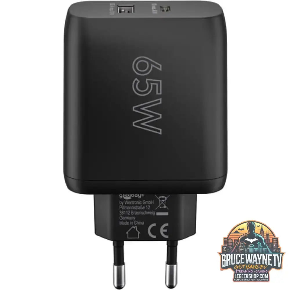 goobay USB-C Dual-Schnellladegerät, PD, GaN, 65 Watt schwarz, 1x USB-C, 1x USB-A, Power Delivery - goobay - vue 3