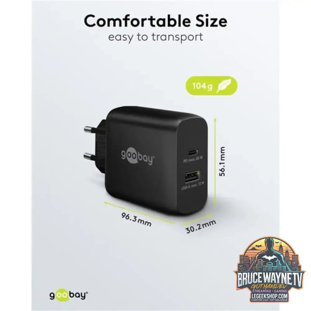 goobay USB-C Dual-Schnellladegerät, PD, GaN, 65 Watt schwarz, 1x USB-C, 1x USB-A, Power Delivery - goobay - vue 5
