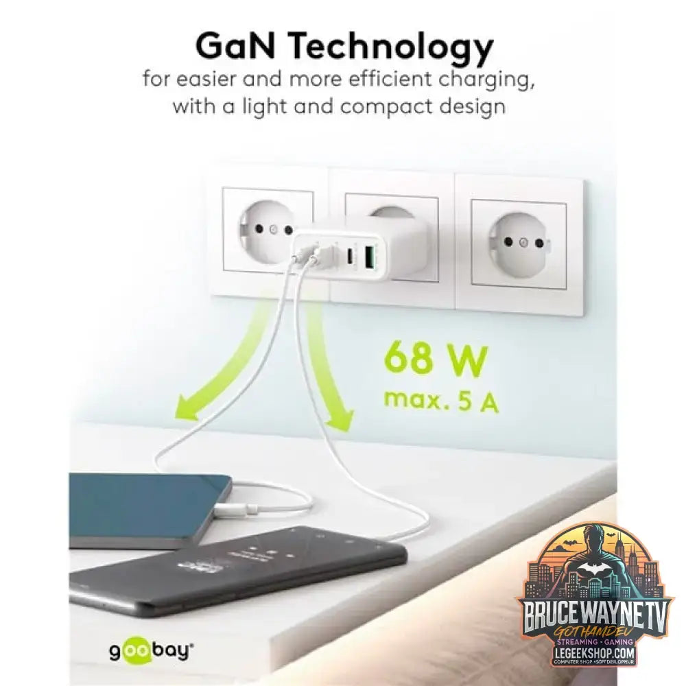 goobay USB-C Multiport-Schnellladegerät, PD, GaN, 68 Watt schwarz, 3x USB-C, 1x USB-A, Power Delivery, QuickCharge - goobay - vue 6