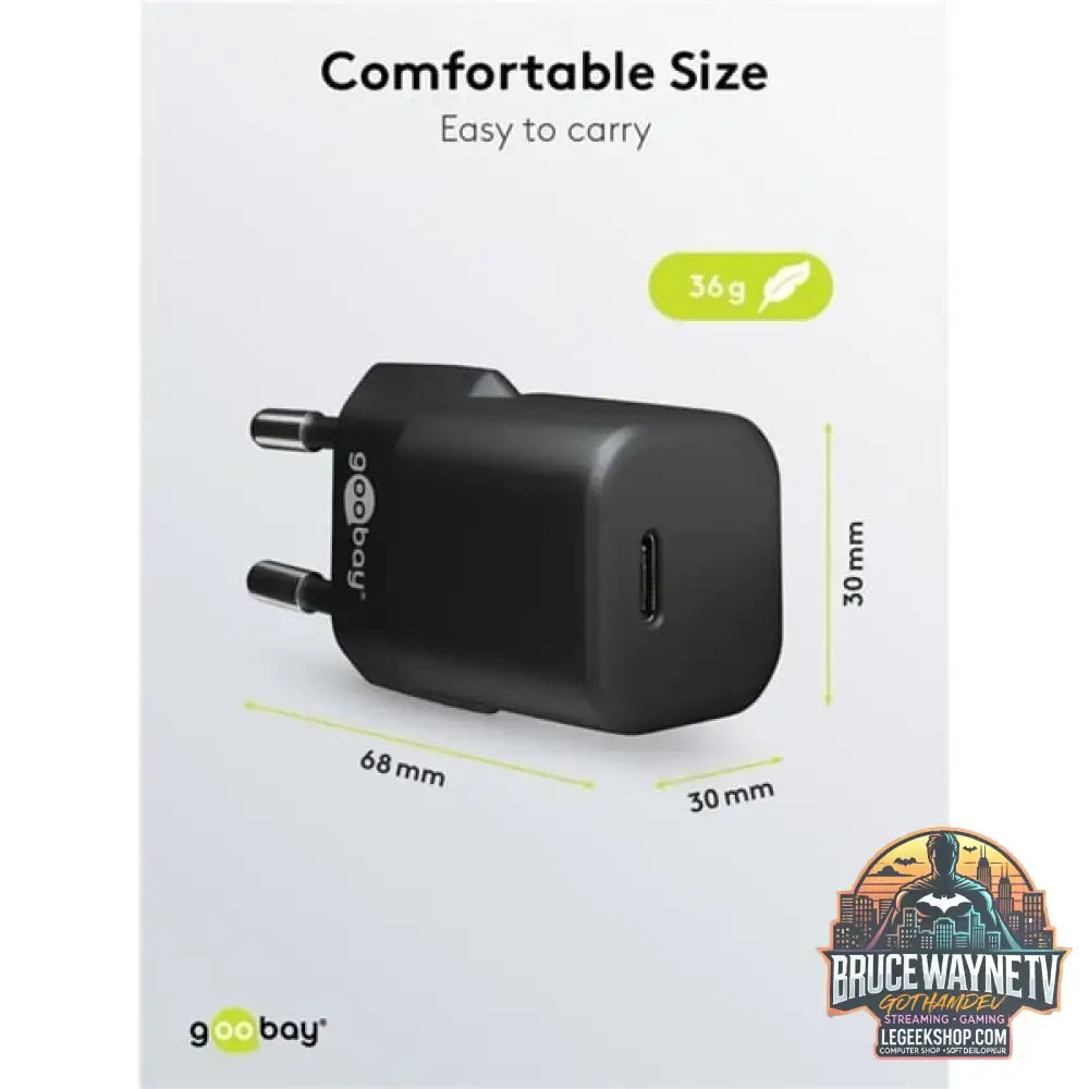 goobay USB-C Schnellladegerät Nano, PD, GaN, 20 Watt schwarz, 1x USB-C, Power Delivery 3.0 - goobay - vue 4