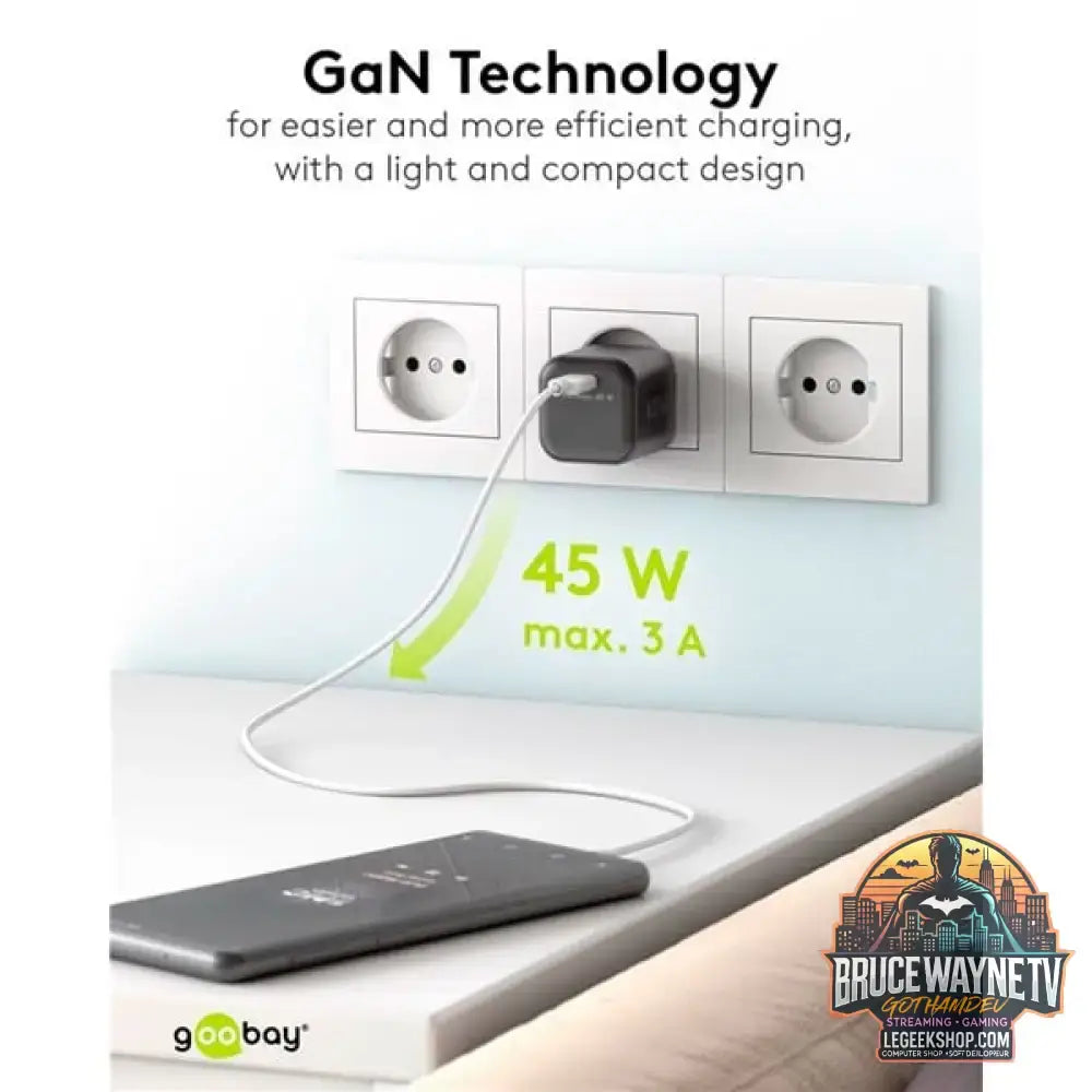 goobay USB-C Schnellladegerät Nano, PD, GaN, 45 Watt schwarz, 1x USB-C, Power Delivery 3.0 - goobay - vue 11