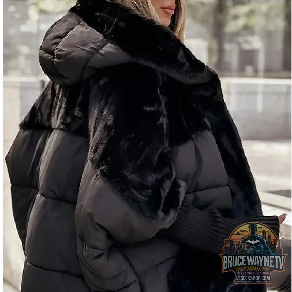 🧥 Manteau Femme Coton Fausse Fourrure Capuche Loose 🧥 - Black / S - Manteau Femme