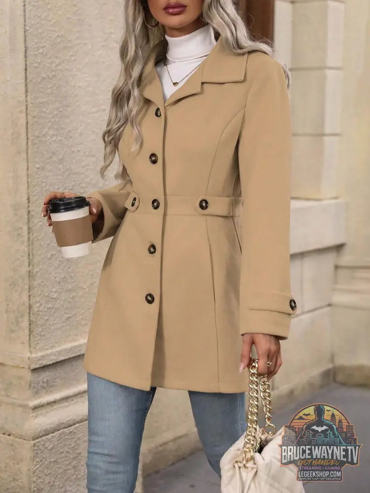 🧥 Manteau Femme Laine Col Revers Élégant Mi-Long 🧥 - Khaki / S - Manteau Femme