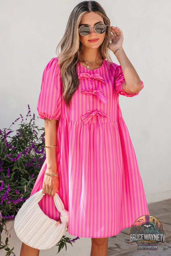 Mini-robe à manches courtes bouffantes et imprimé rayé rose - Rose / S / 100% Polyester - Dresses/Mini Dresses