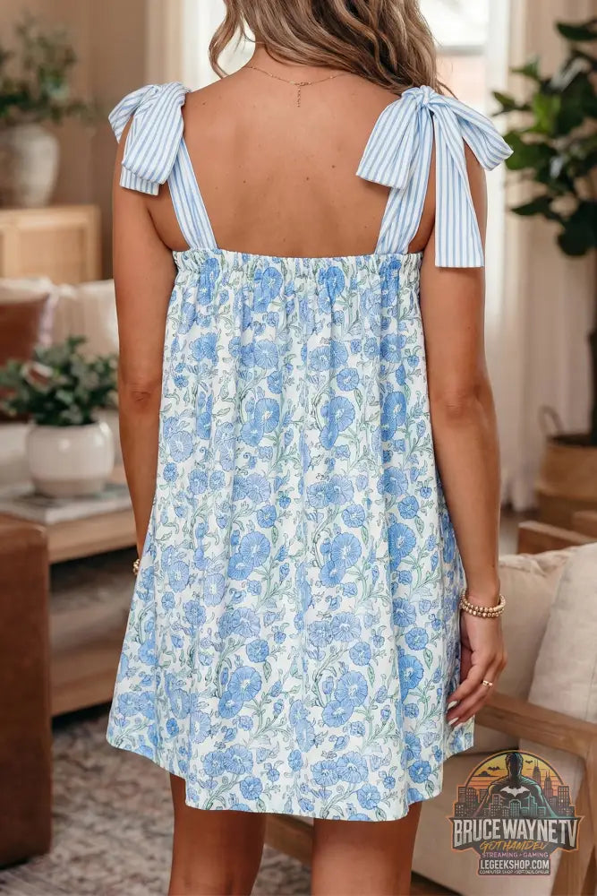 Mini-Robe Femme Patchwork Floral et Rayures - Bretelles Noeud Papillon - Sans Manches - Bleu Ciel et Rose - Robe Femme