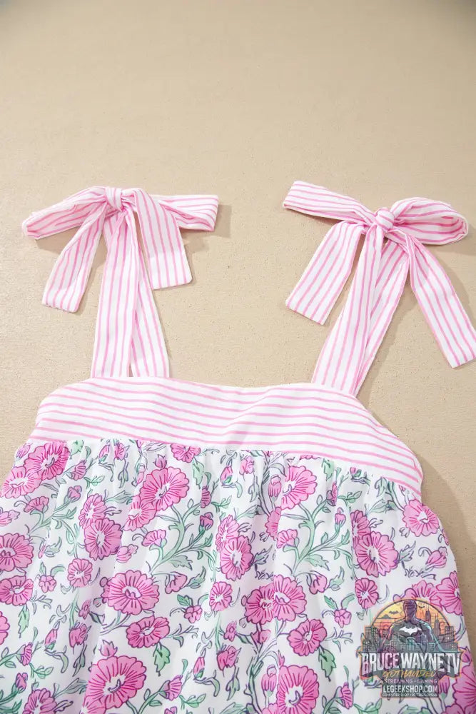 Mini-Robe Femme Patchwork Floral et Rayures - Bretelles Noeud Papillon - Sans Manches - Bleu Ciel et Rose - Robe Femme