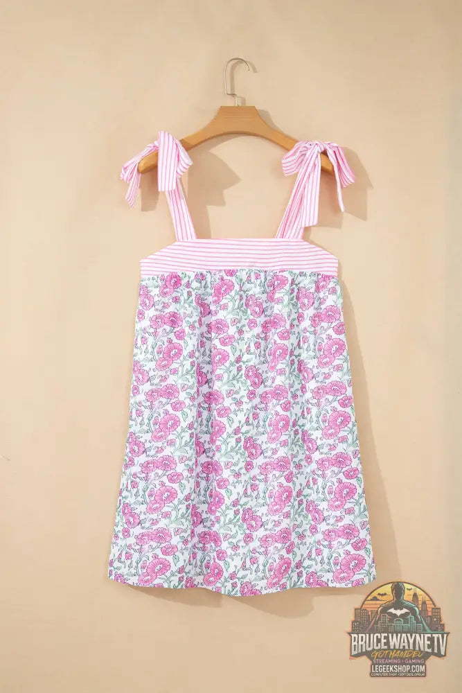 Mini-Robe Femme Patchwork Floral et Rayures - Bretelles Noeud Papillon - Sans Manches - Bleu Ciel et Rose - Robe Femme