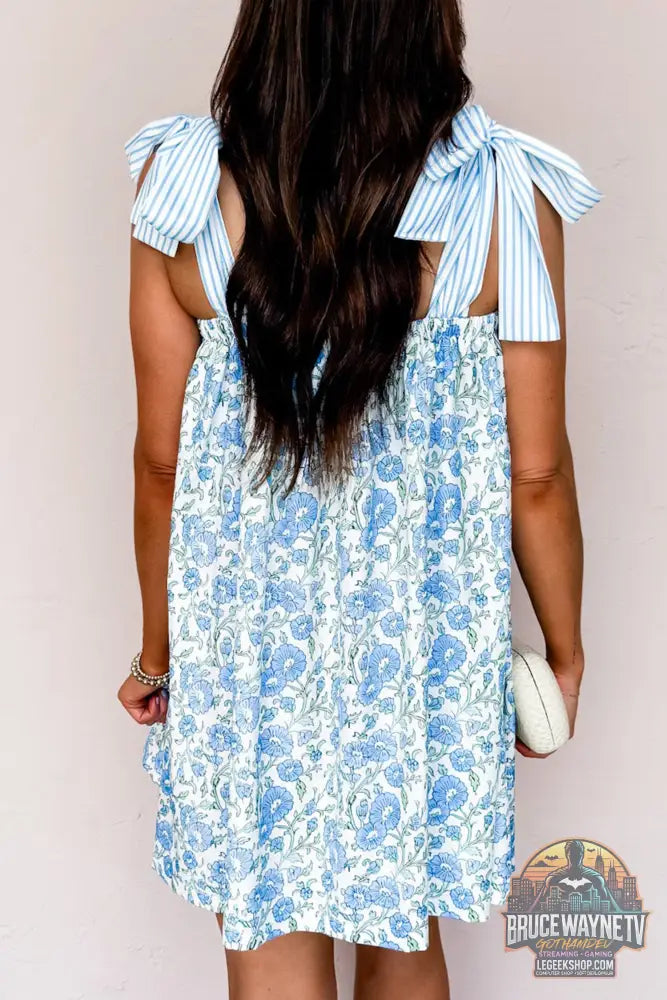 Mini-Robe Femme Patchwork Floral et Rayures - Bretelles Noeud Papillon - Sans Manches - Bleu Ciel et Rose - Robe Femme