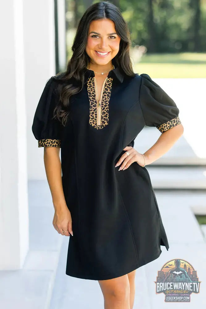 Mini robe léopard patchwork col zippé manches courtes bouffantes droite noir - Dresses/Mini Dresses