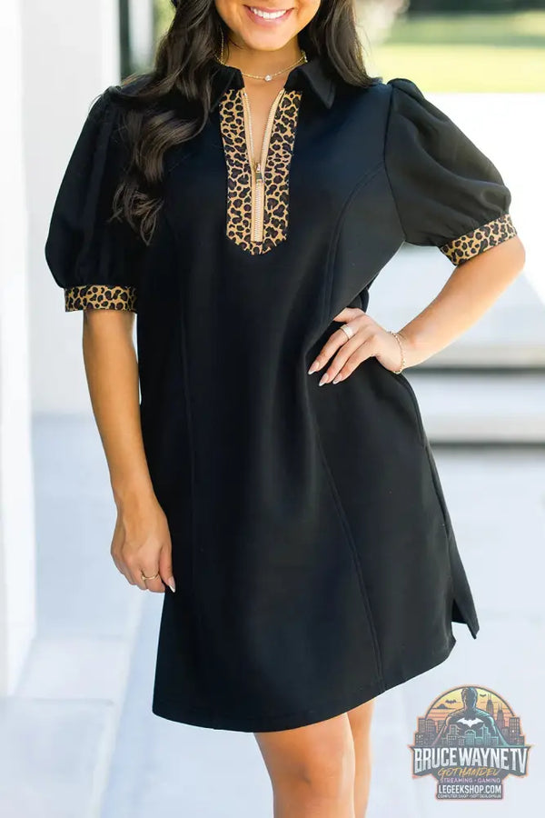 Mini robe léopard patchwork col zippé manches courtes bouffantes droite noir - Black / S / 50% Polyester + 43% Viscose